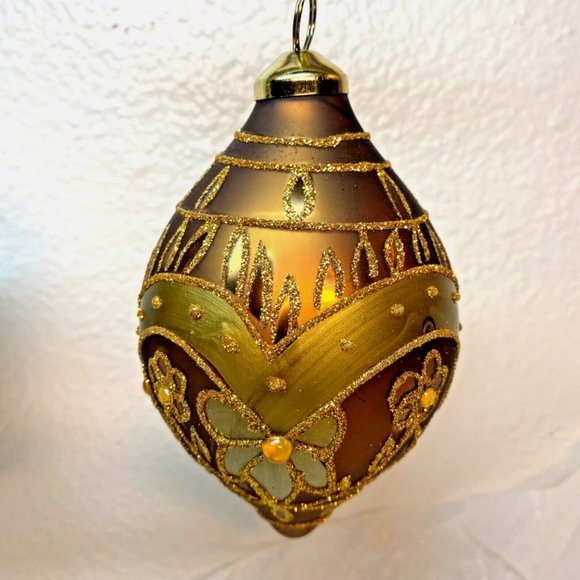 Brown W Gold Decor Glass Ball Teardrop N A King Christmas Ornaments Set of 3 - Picture 5 of 11